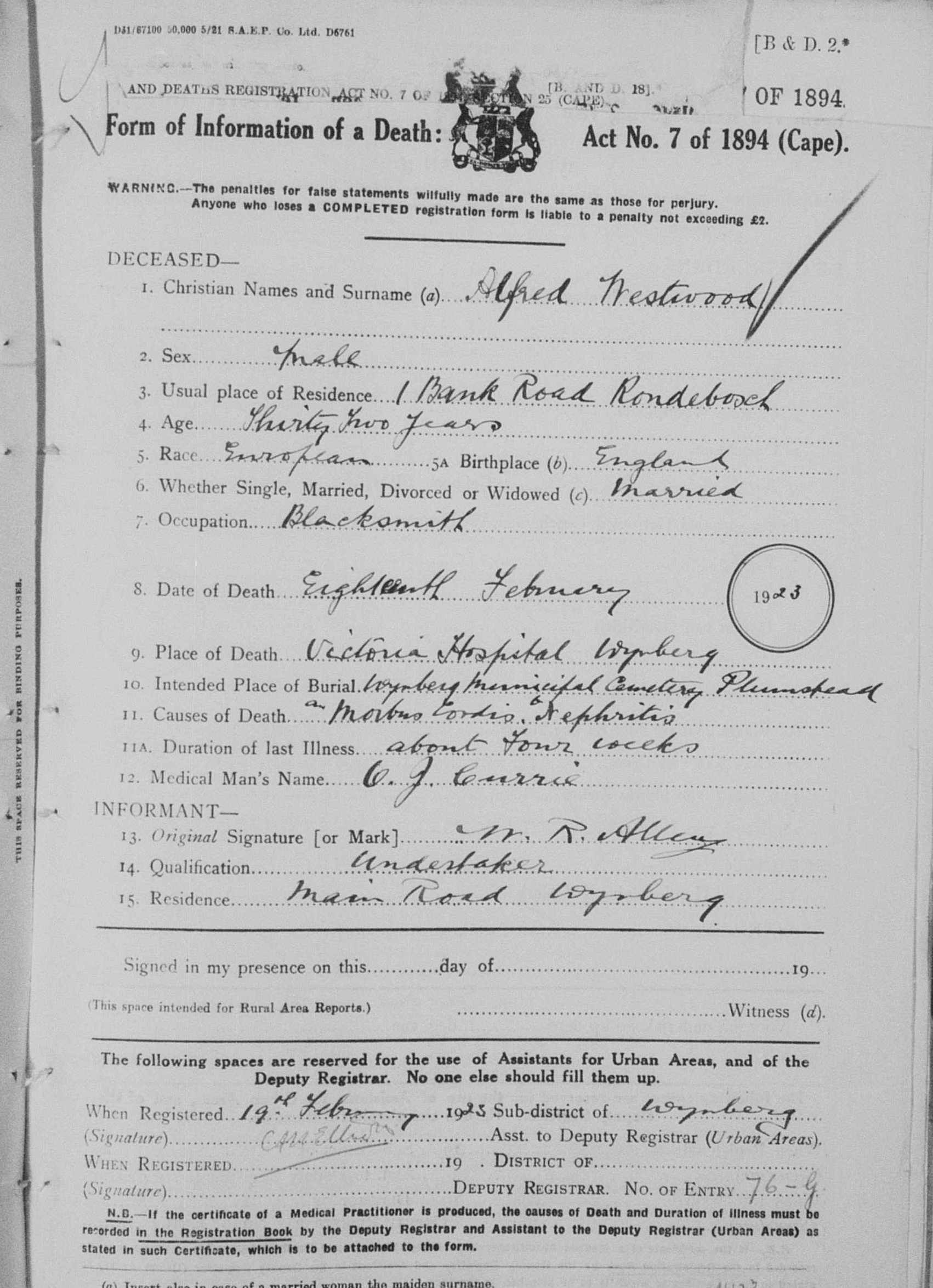 Alfred Westwood Eastwood death record cape town 1923